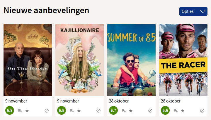 Afbeelding van de nieuweaanbevelingenpagina met vier films.