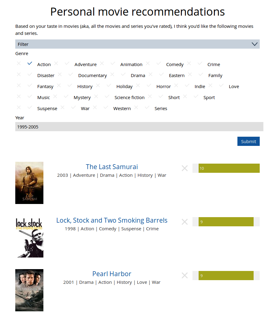 Screenshot of the recommendations page, looking for action movies from 1995-2005.