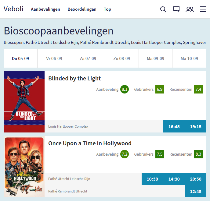 Afbeelding van de aanbevelingen in de bioscoop-pagina waarbij de films Blinded by the Light en Once Upon a Time in Hollywood worden aanbevolen aan een gebruiker in Utrecht.