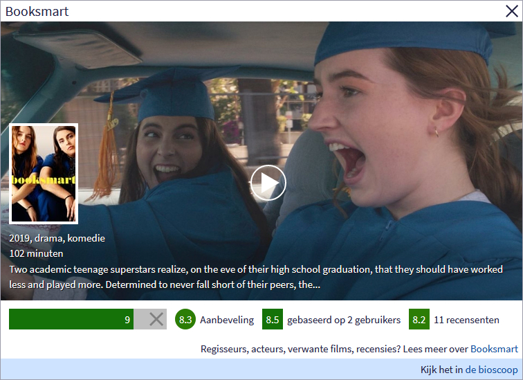 Afbeelding van het voorkijkje van Booksmart, met rechtsonder een link naar de bioscopen waar de film draait.