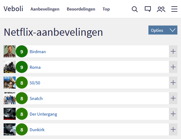 Afbeelding van de aanbevelingen op Netflix-pagina met zes aangeraden films.