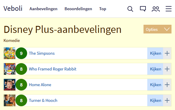 Schermafbeelding van komedie-aanbevelingen op Disney Plus.